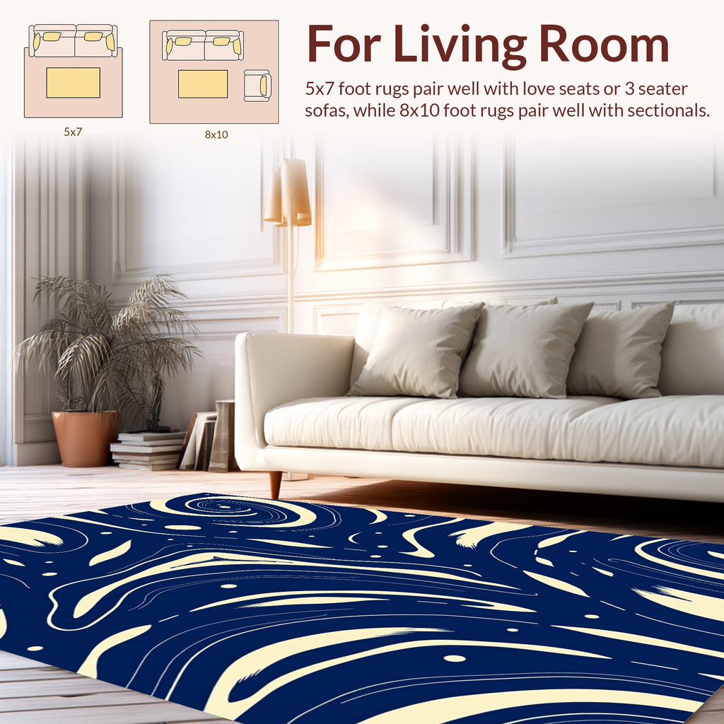 Navy Swirling Cream Waves Rug