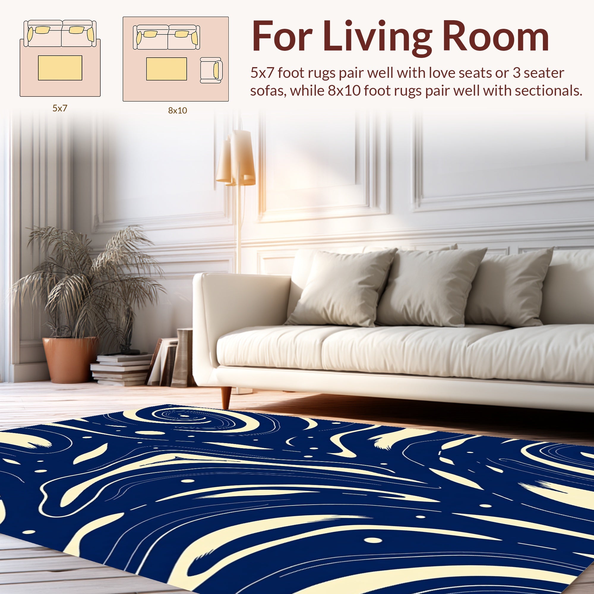 Navy Swirling Cream Waves Rug