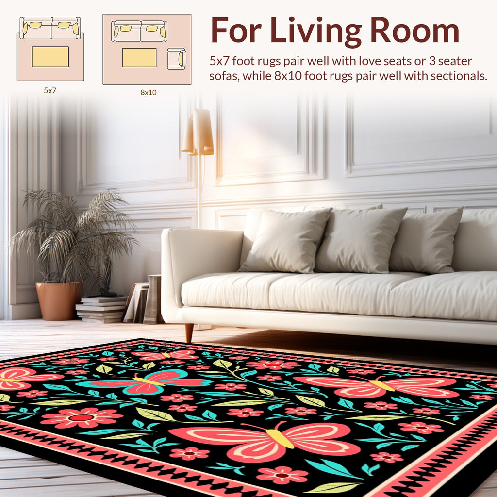 Vibrant Butterflies Floral Garden Pattern Rug