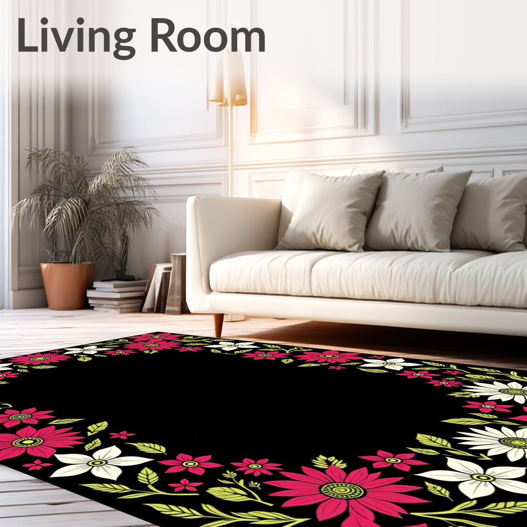 Framed Pink White Floral Garden Rug