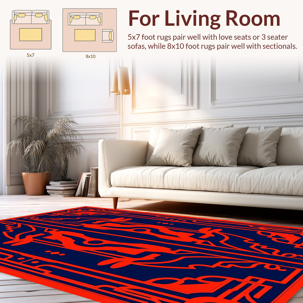 Bold Red On Blue Abstract Pattern Rug