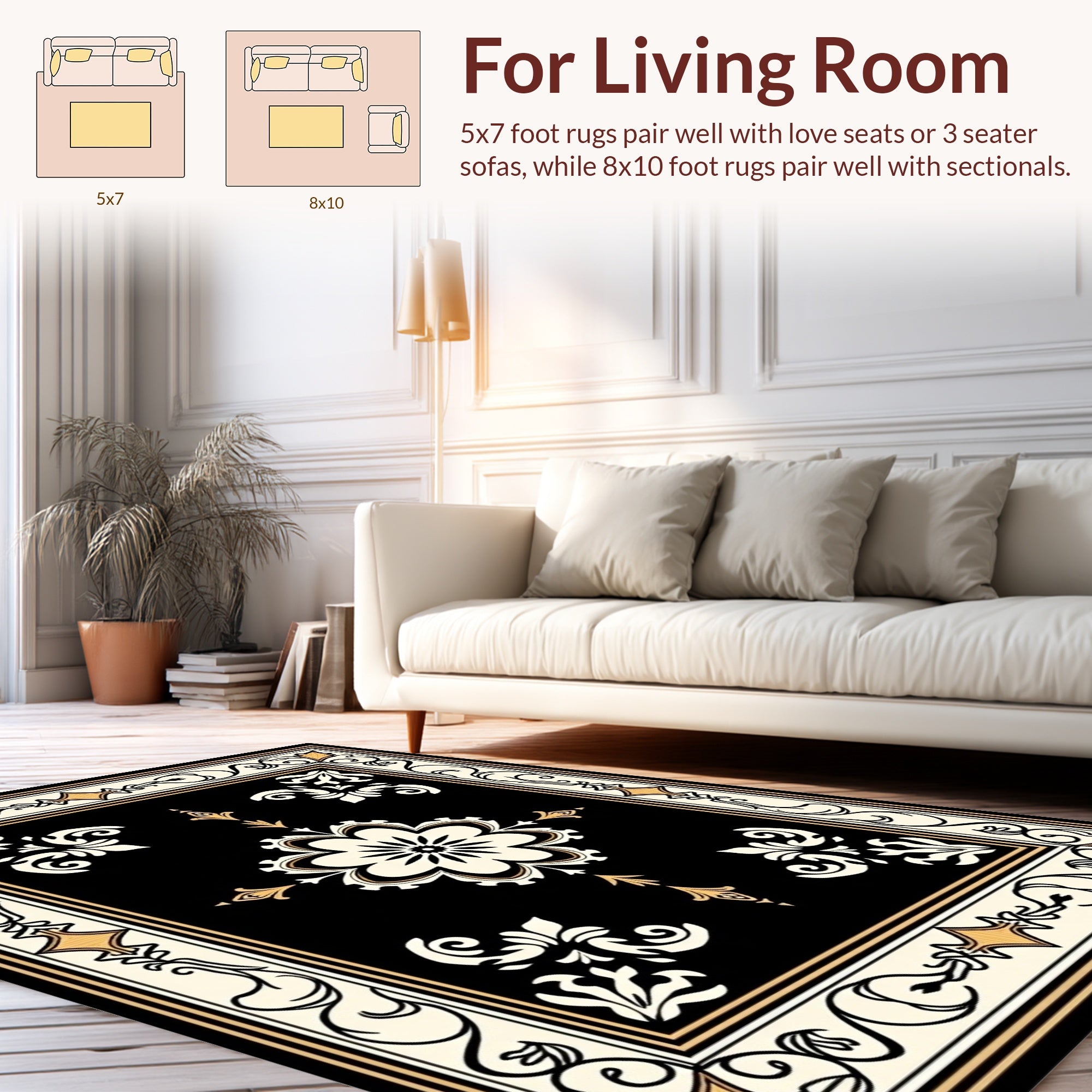 Ornate Black Gold Floral Motif Rug