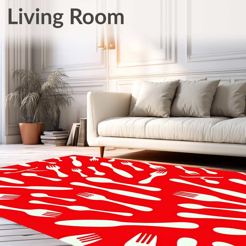 White Cutlery Scattered Red Background Rug