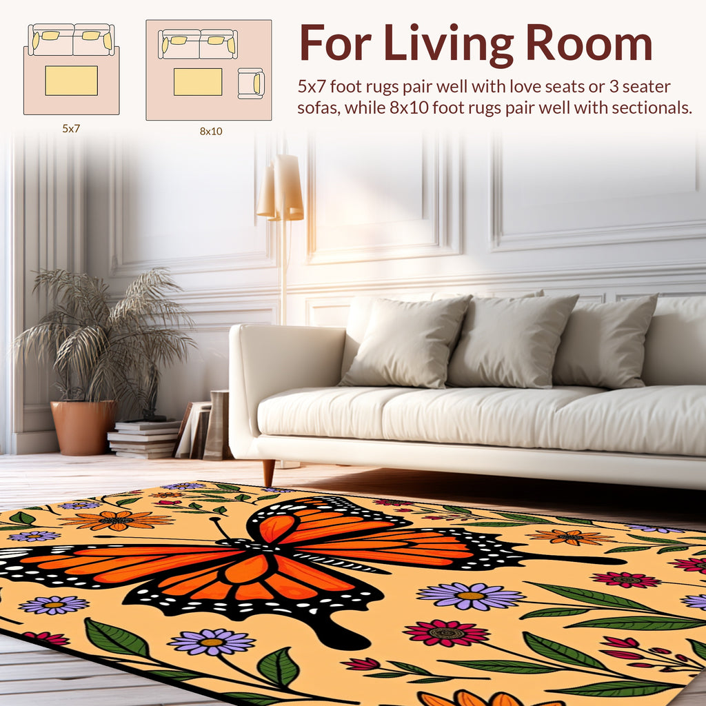 Orange Butterfly With Floral Art Rug