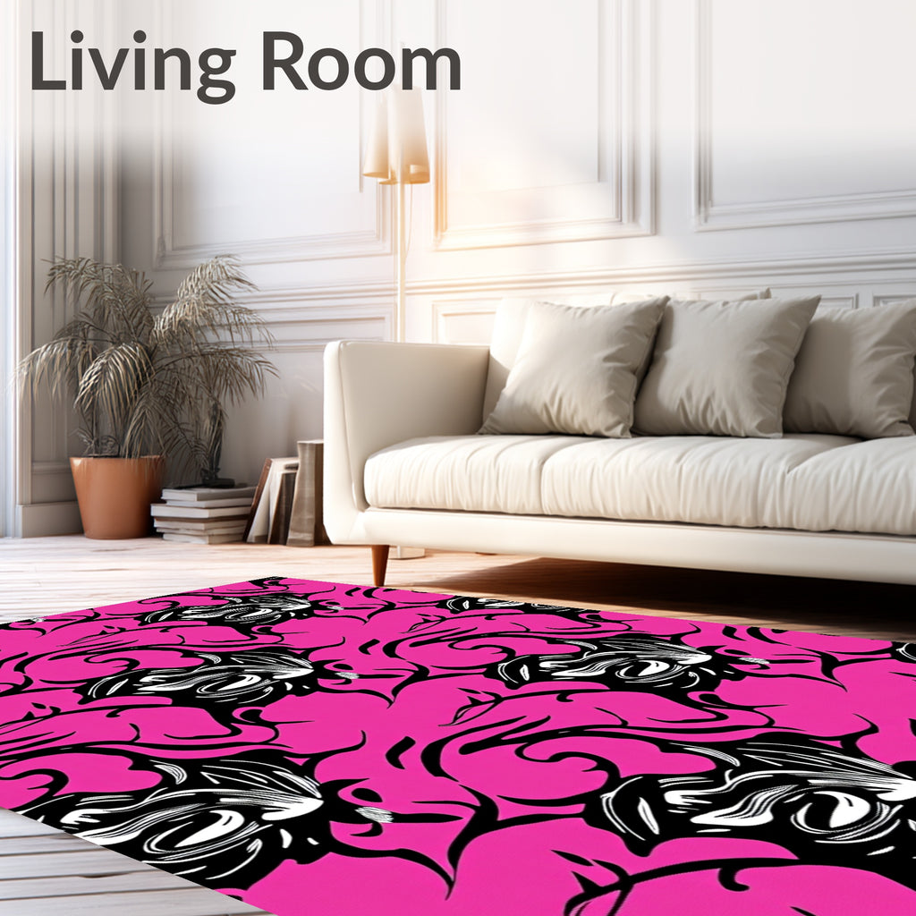 Hot Pink Black Floral Swirl Rug