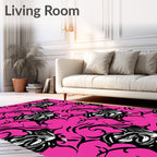 Hot Pink Black Floral Swirl Rug