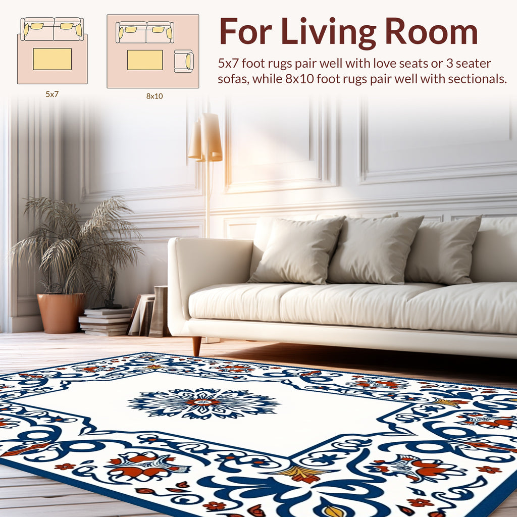 Ornate Blue Red Floral Mandala Rug