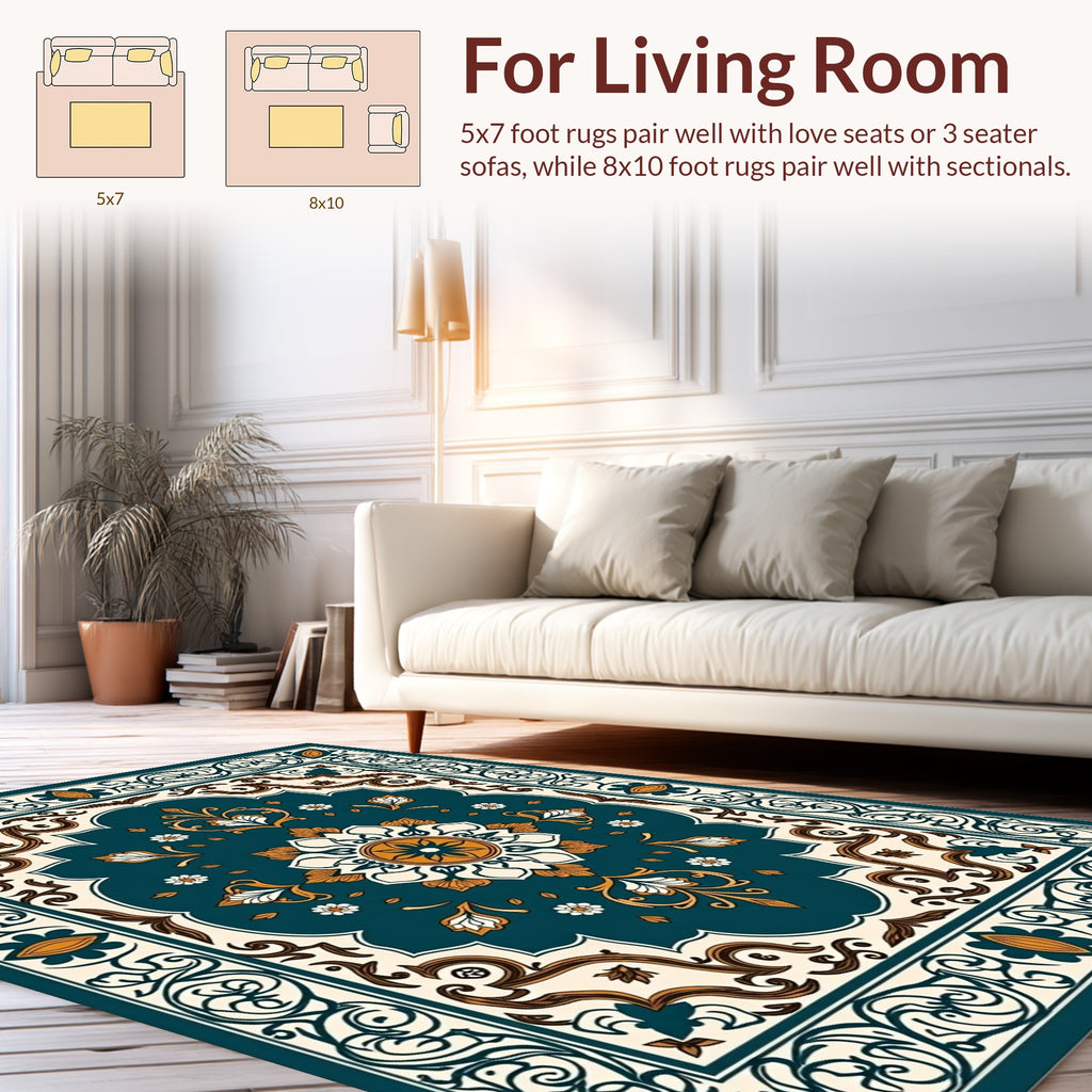 Ornate Floral Teal Ivory Gold Rug