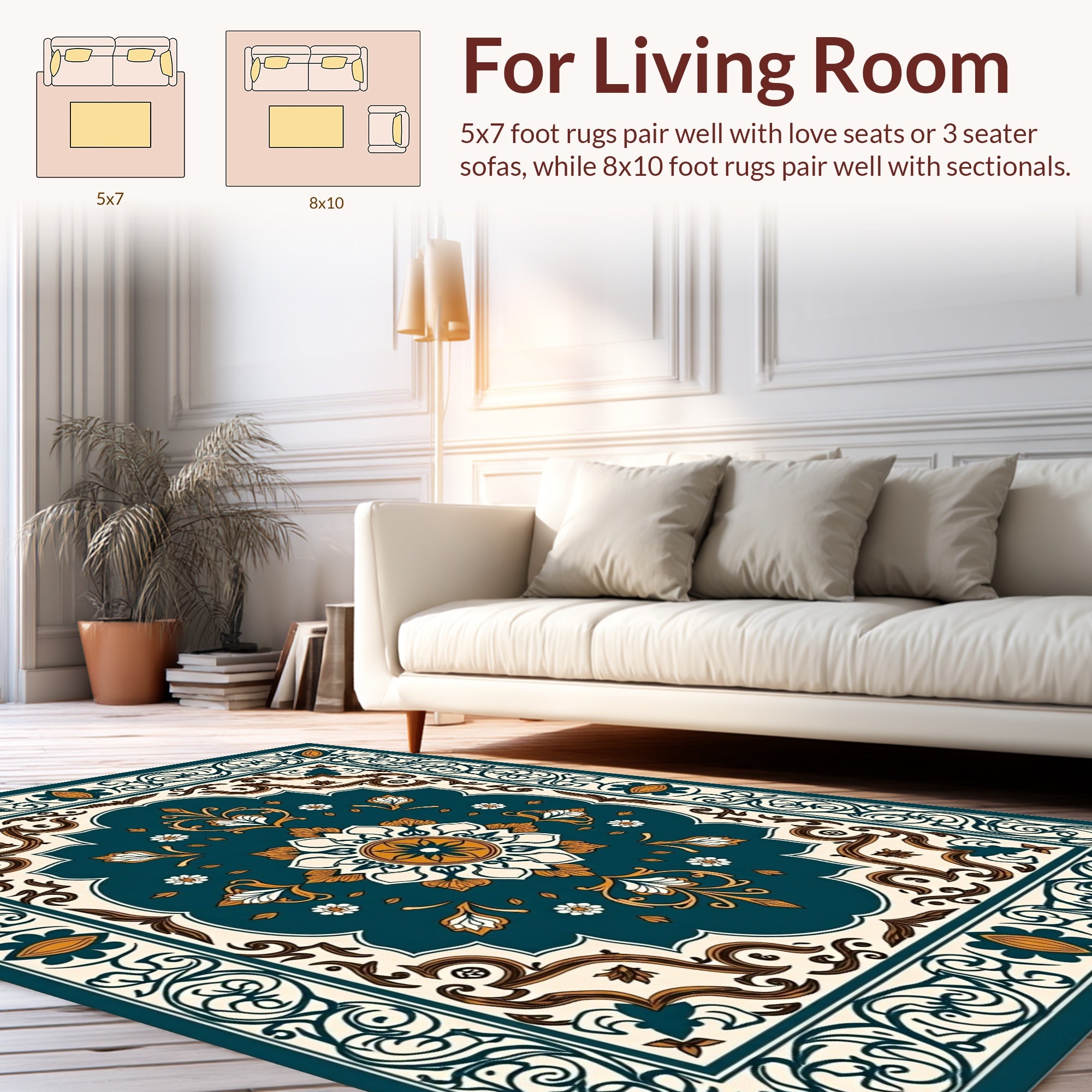 Ornate Floral Teal Ivory Gold Rug