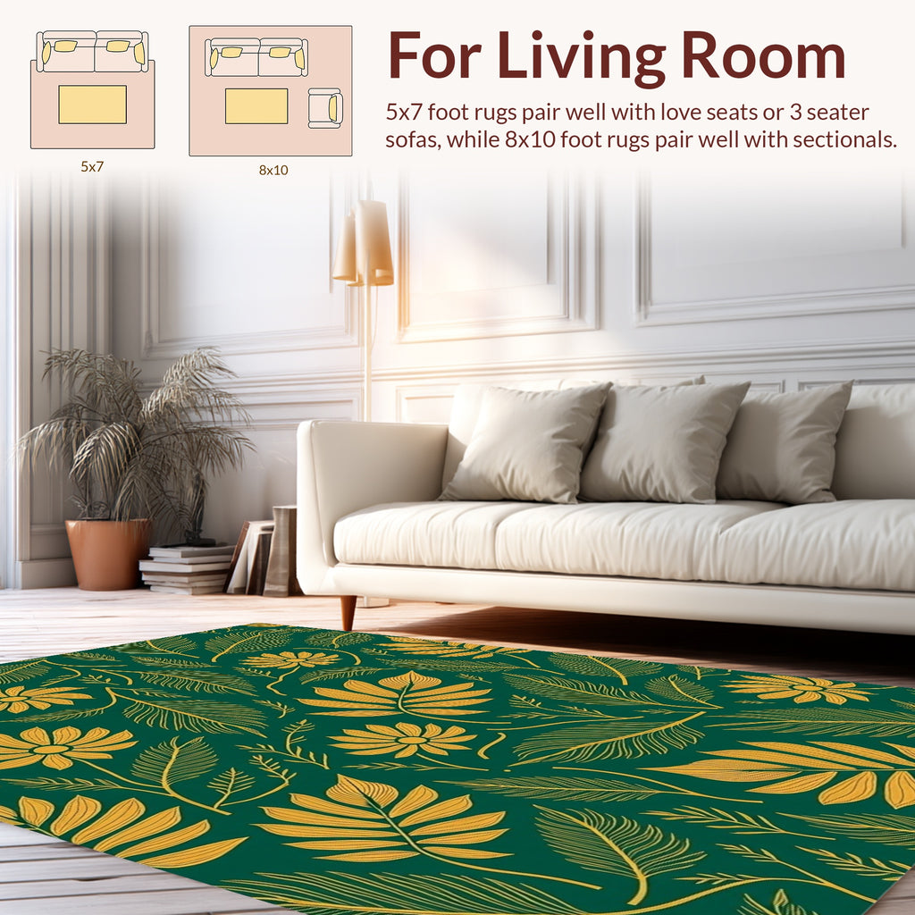 Emerald Green Gold Floral Leaf Pattern Rug