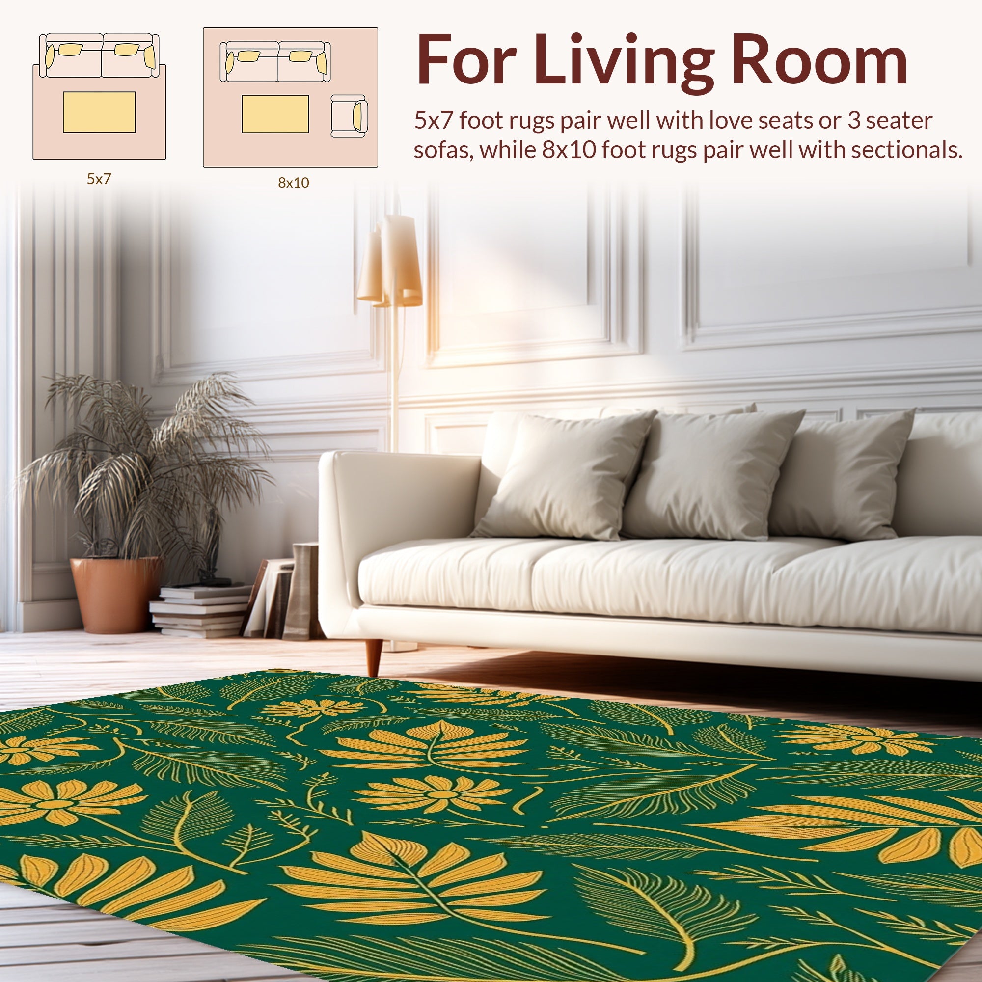 Emerald Green Gold Floral Leaf Pattern Rug