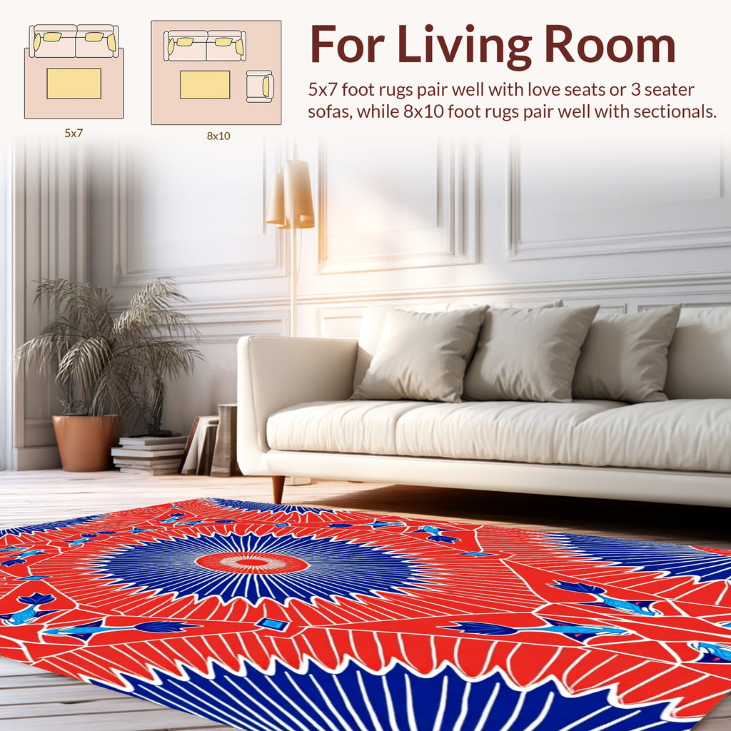 Bold Red Blue Radiant Sunburst Pattern Rug