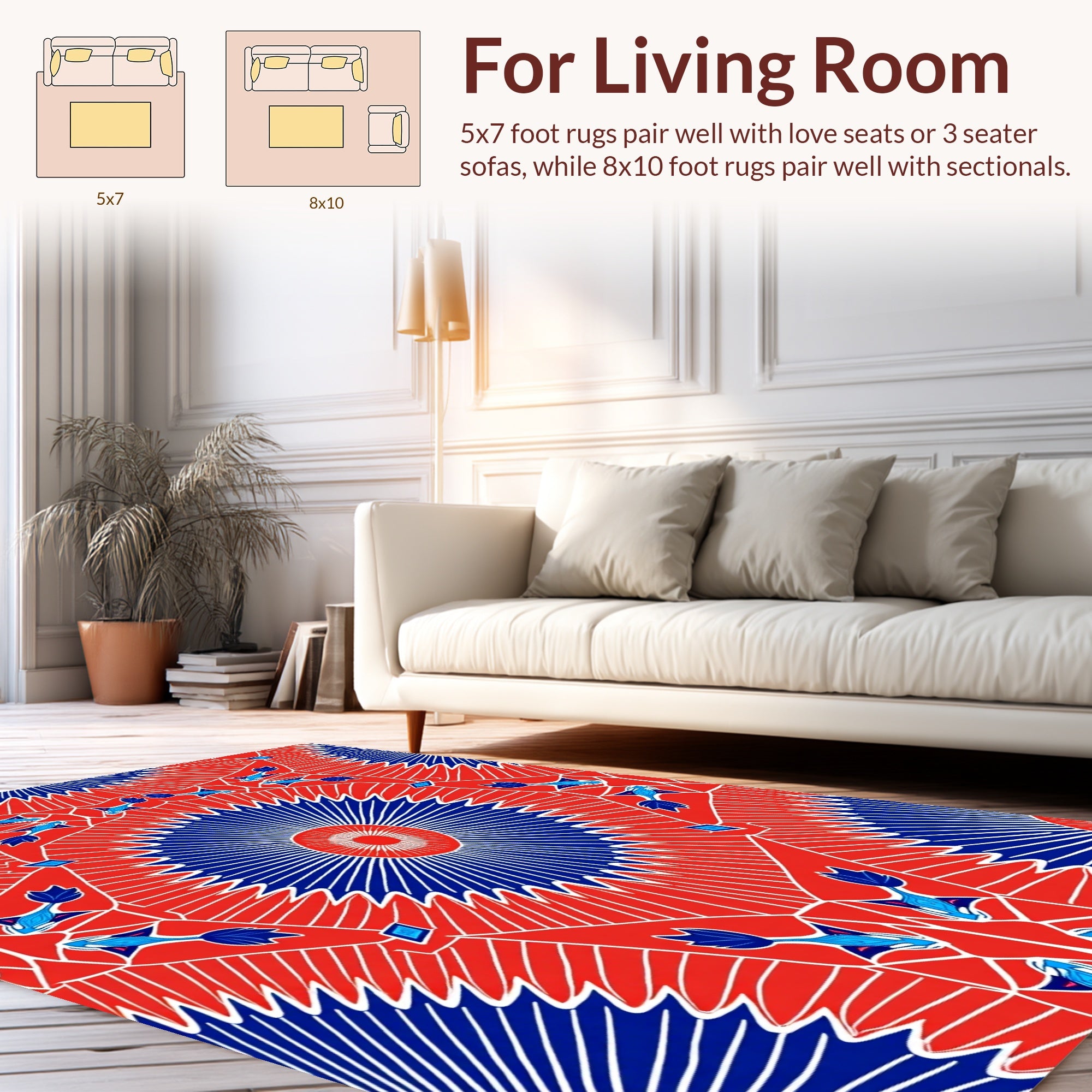 Bold Red Blue Radiant Sunburst Pattern Rug