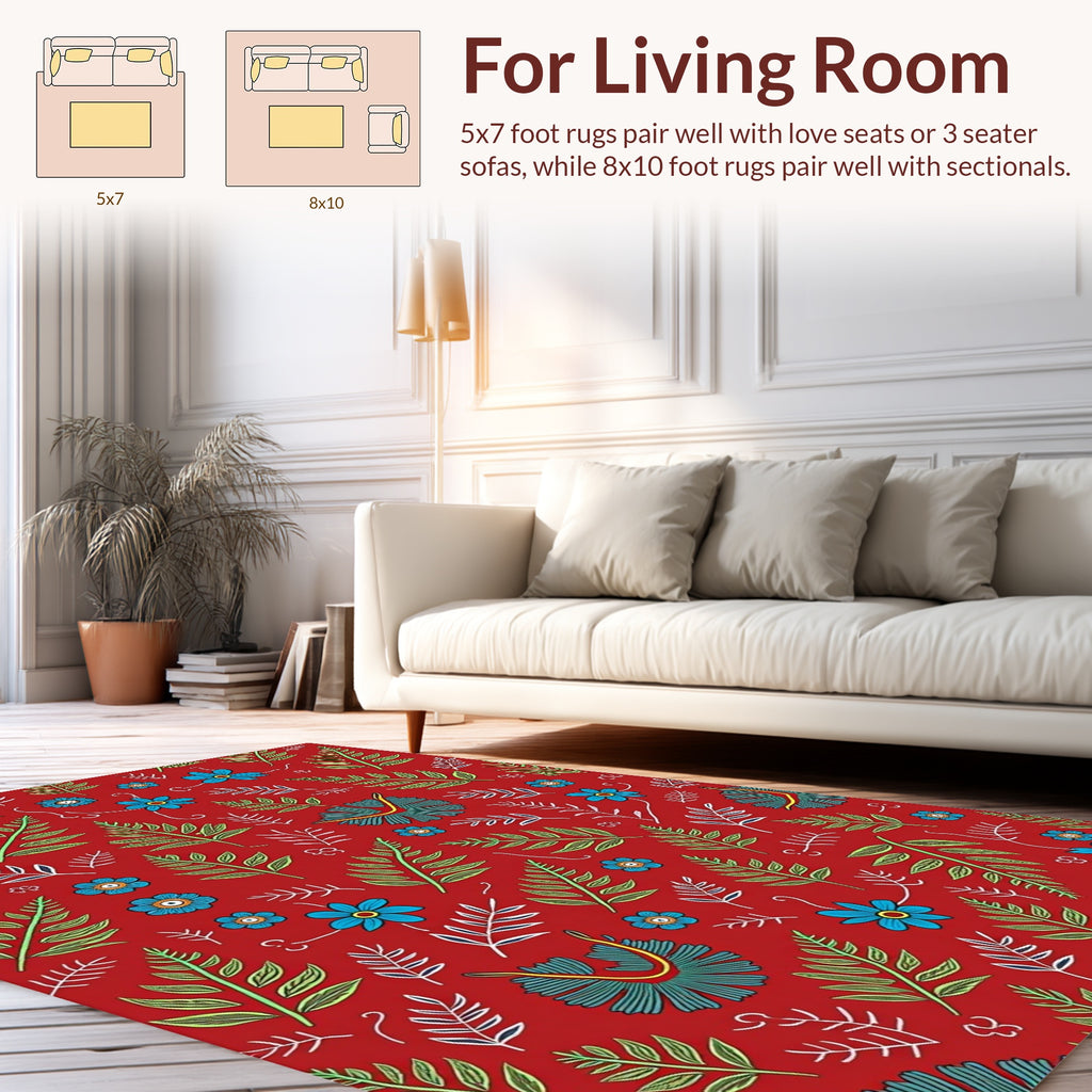 Red Floral Fern Pattern Design Rug