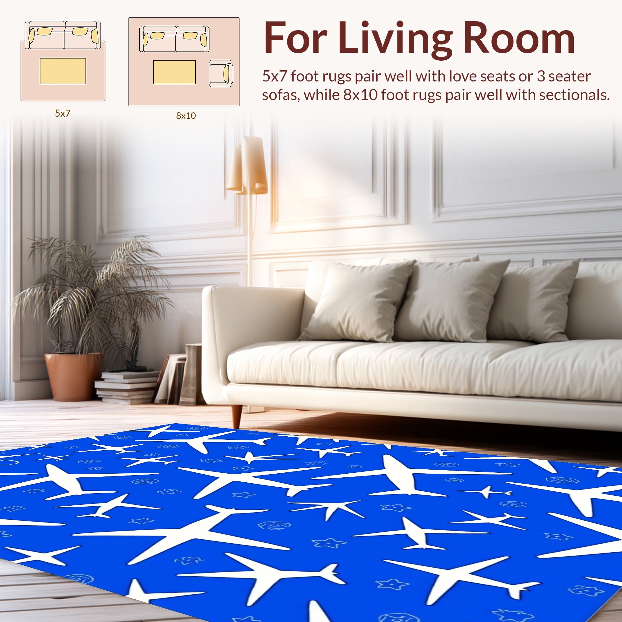White Aircraft Patterned Blue Design Rug