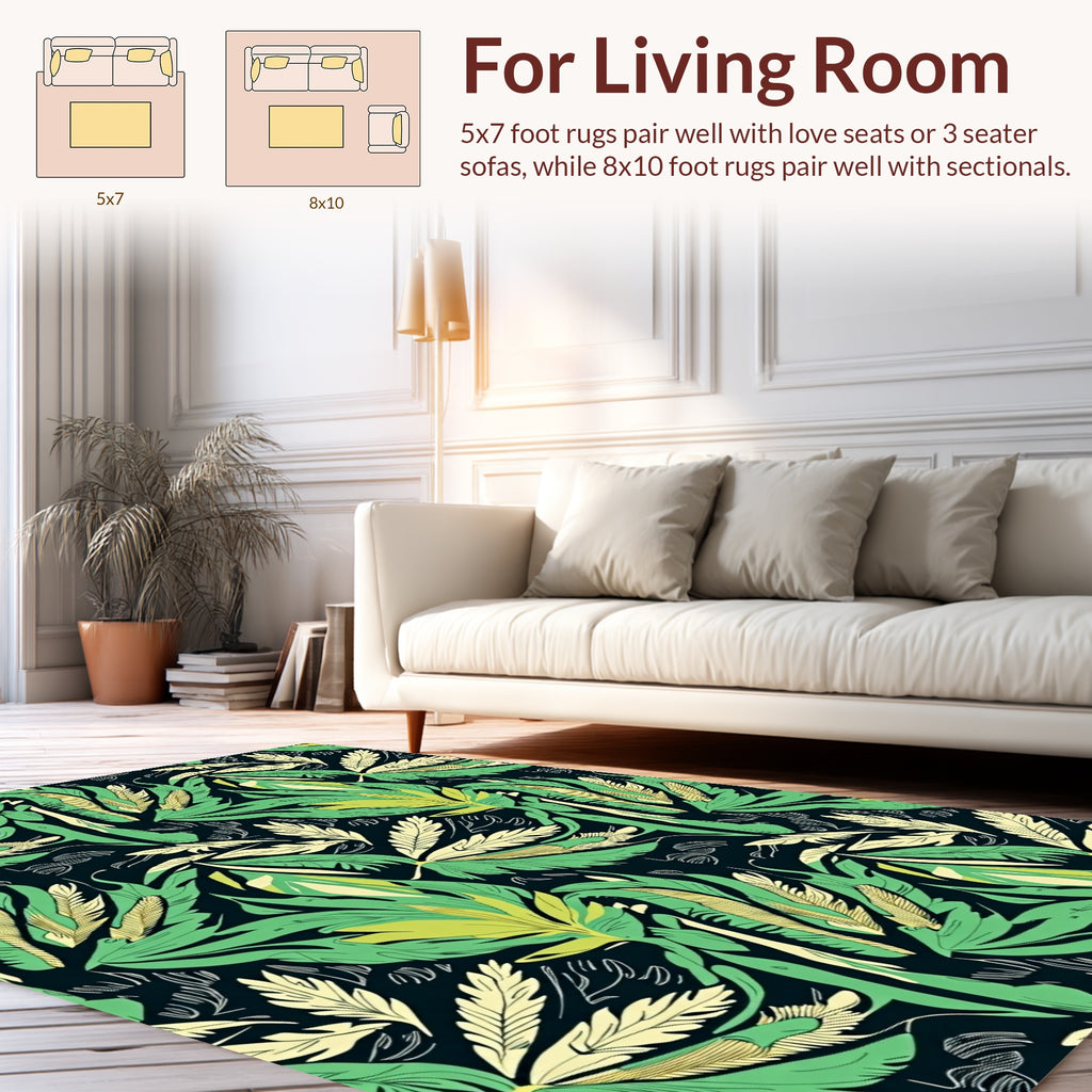 Tropical Leaf Patterned Vibrant Green Rug