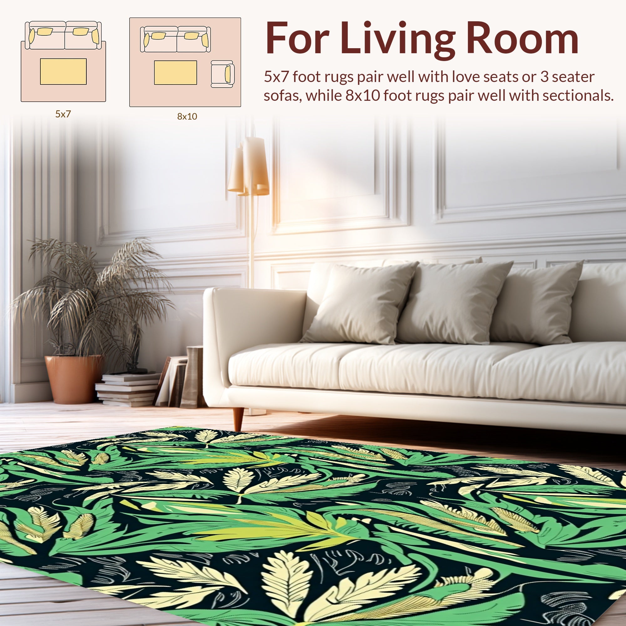 Tropical Leaf Patterned Vibrant Green Rug