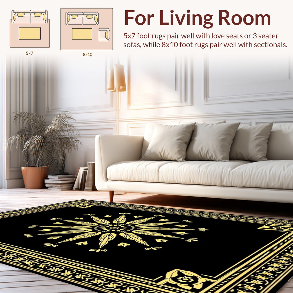 Black Gold Floral Sunburst Mandala Rug