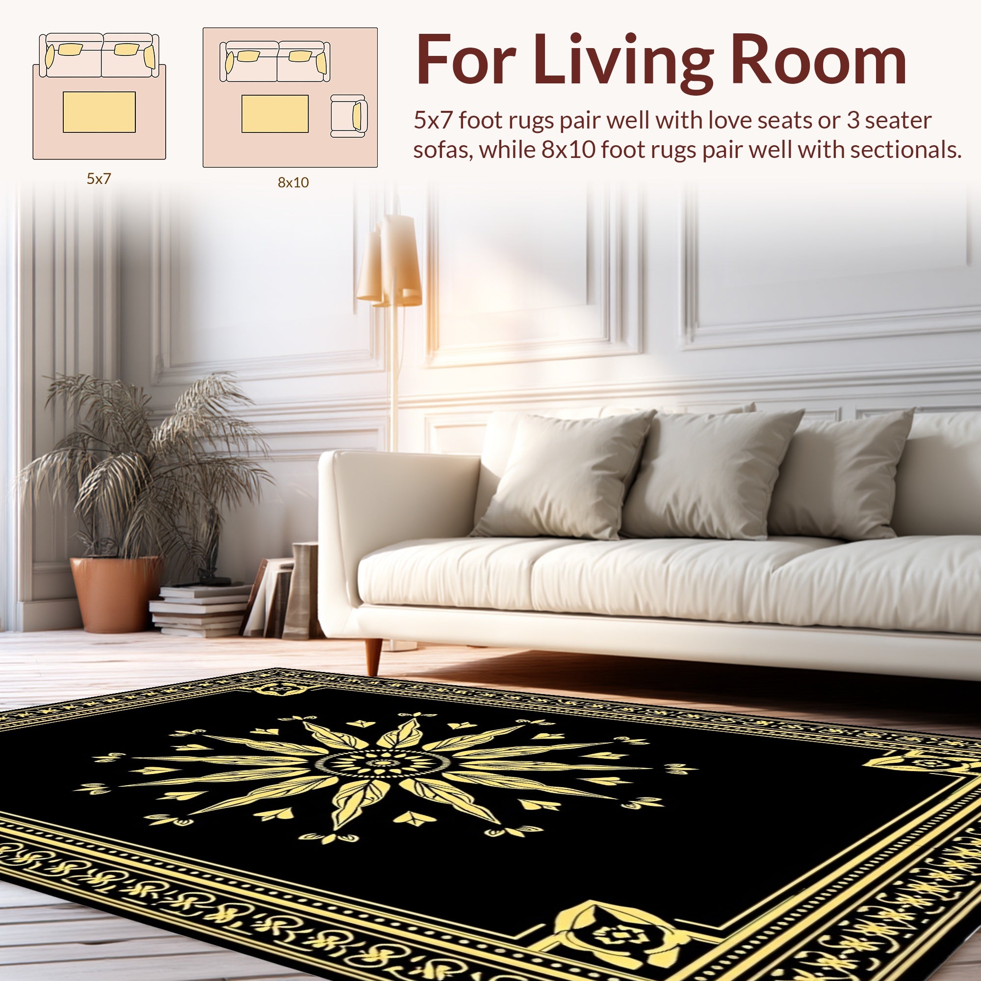 Black Gold Floral Sunburst Mandala Rug