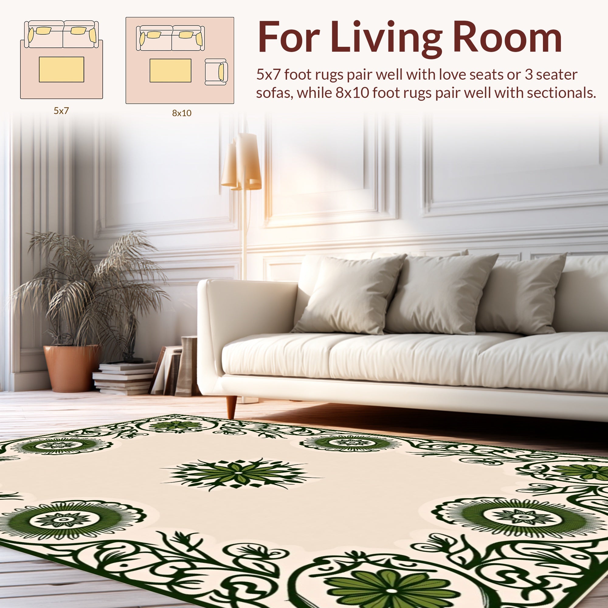 Ornate Green Floral Scrollwork Design Rug