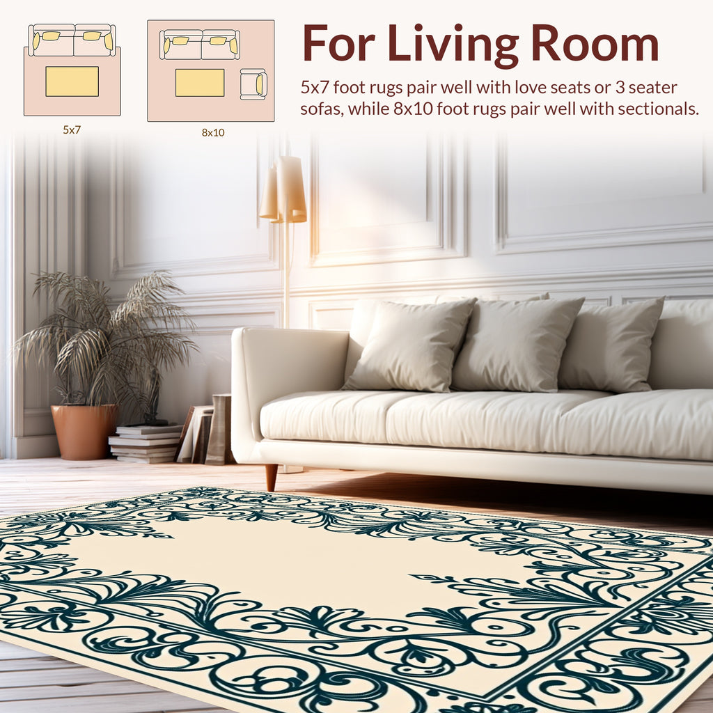 Ornate Dark Teal Scrollwork Floral Border Rug