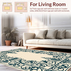 Ornate Dark Teal Scrollwork Floral Border Rug