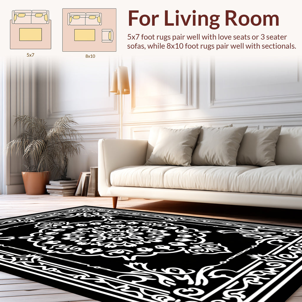 Classic Black White Floral medallion Rug