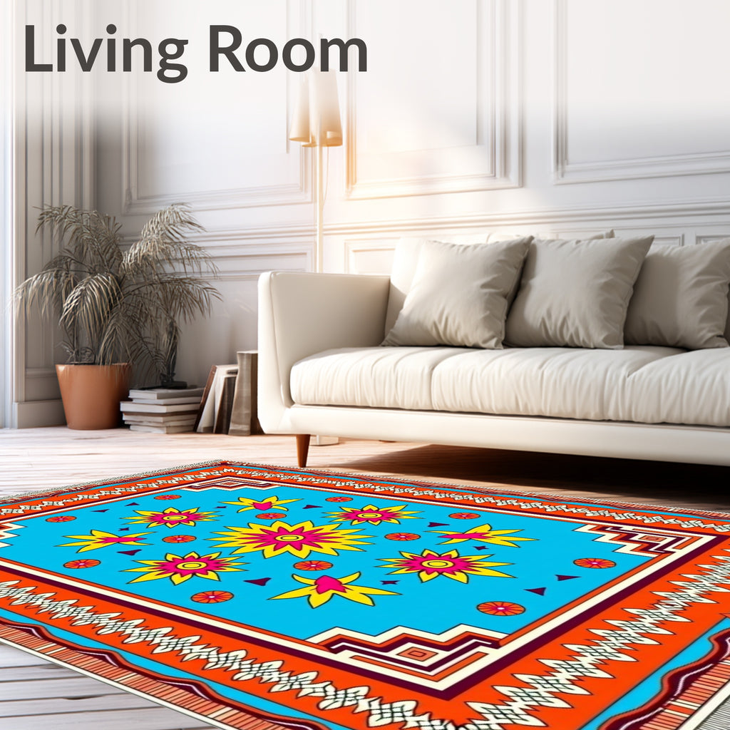 Vibrant Turquoise Floral Medallion Border Rug