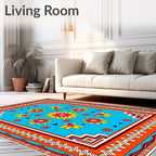Vibrant Turquoise Floral Medallion Border Rug