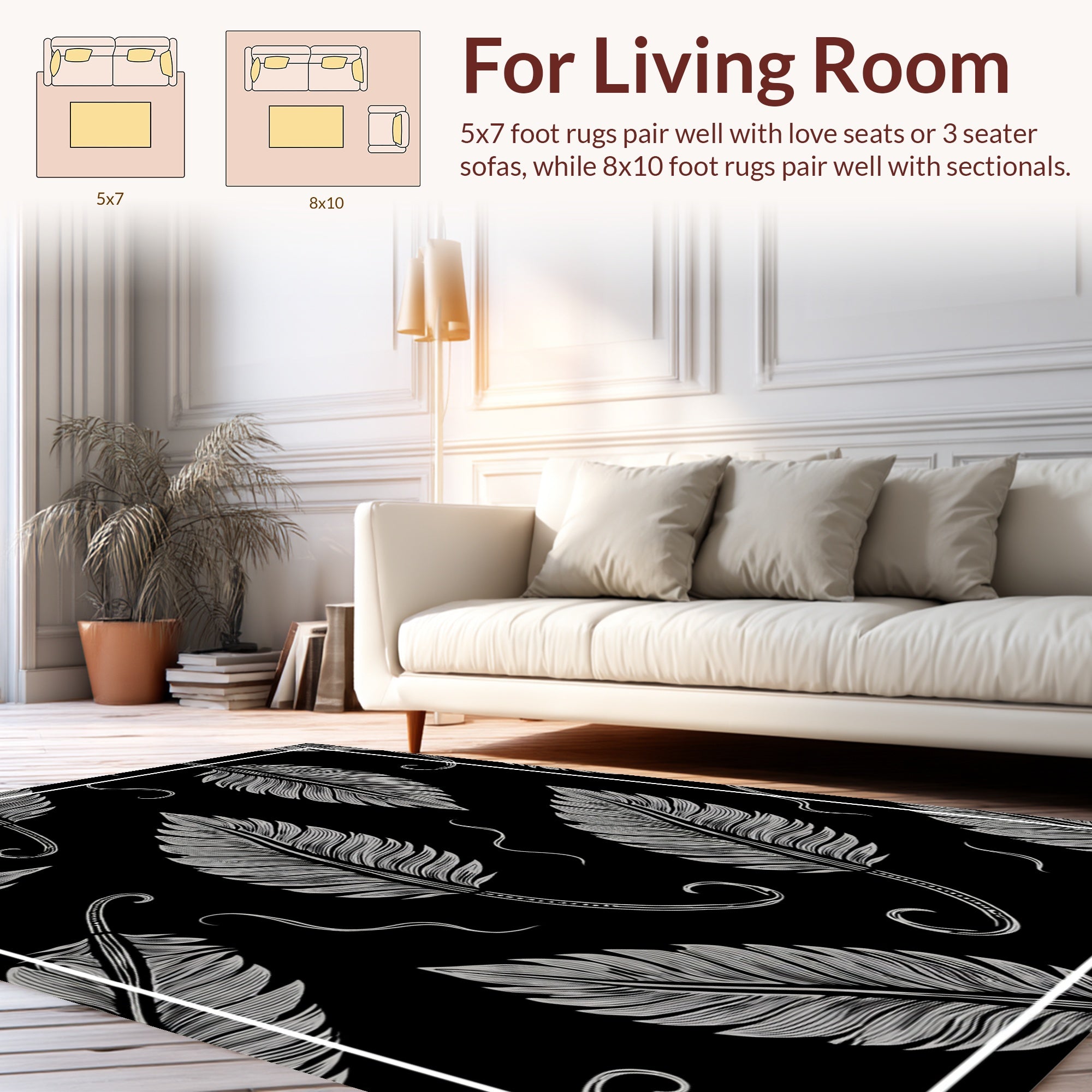 Black White Feather Pattern Design Rug