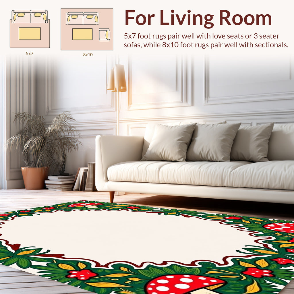 Whimsical Mushroom Leaf Floral Pattern Rug