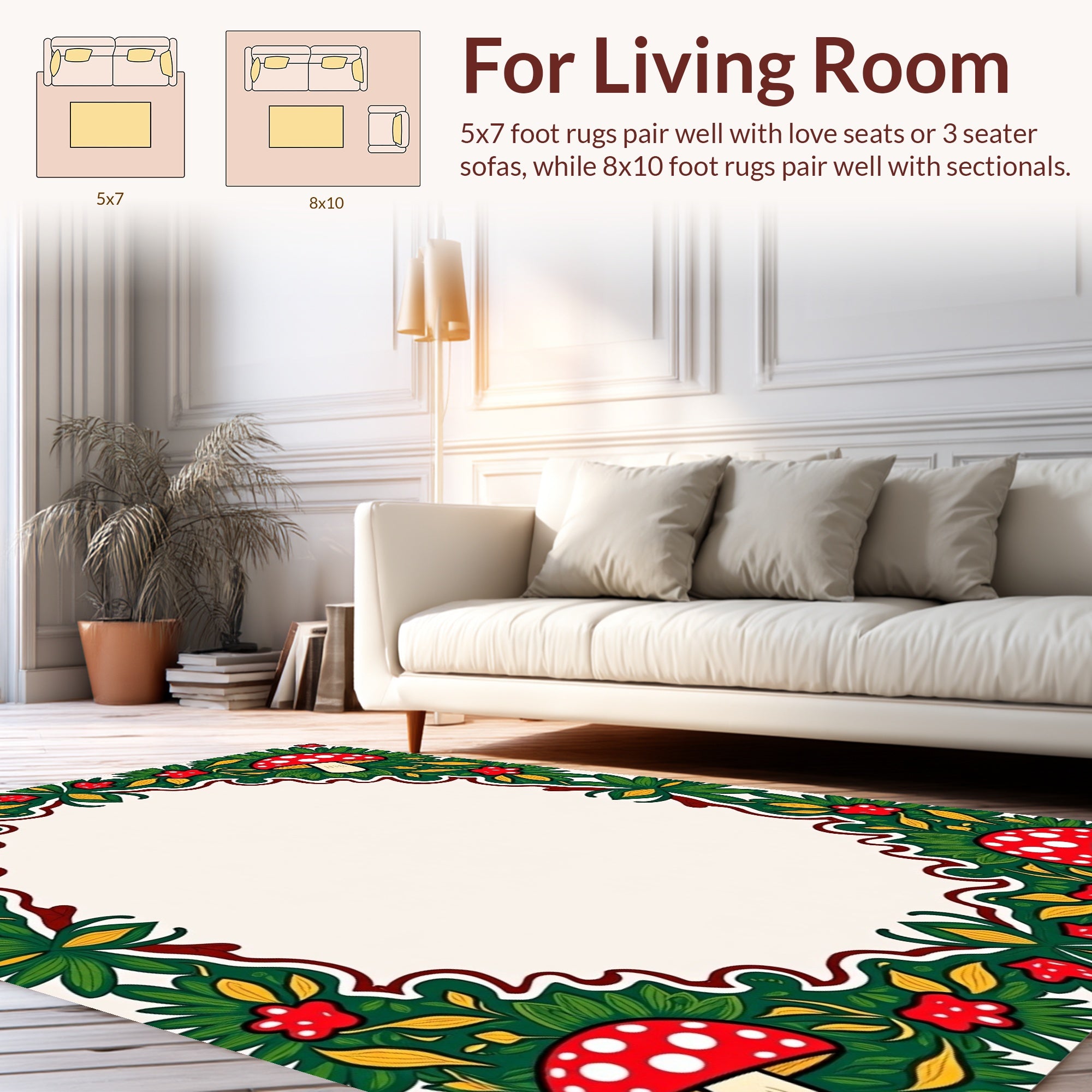 Whimsical Mushroom Leaf Floral Pattern Rug