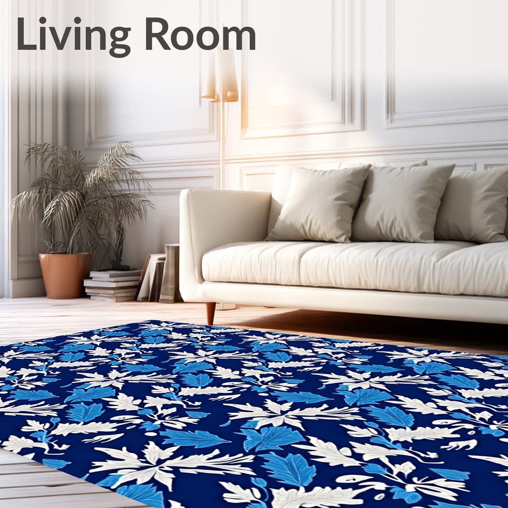 Deep Blue White Leaf Foliage Rug