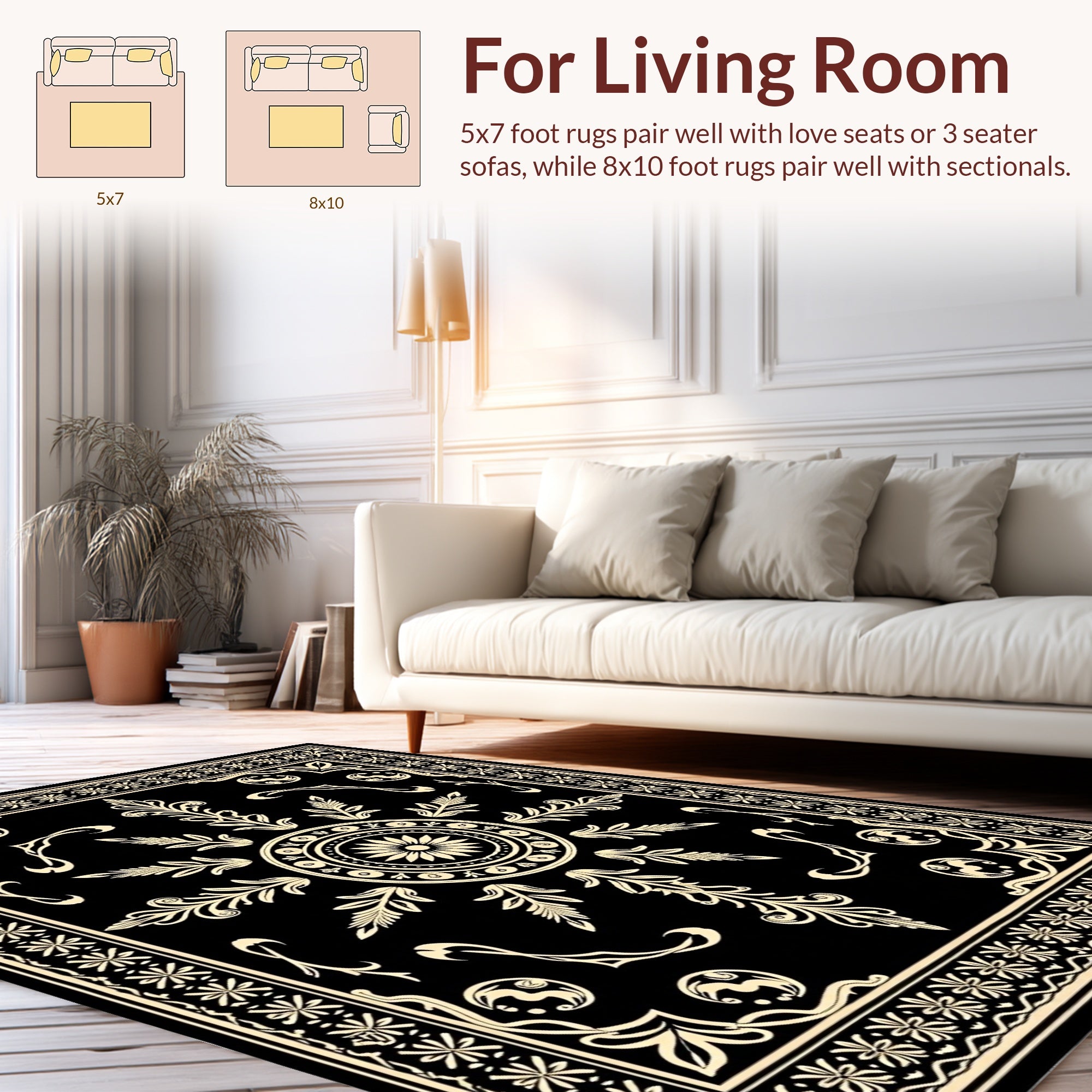 Elegant Black Ivory Floral Scroll Rug