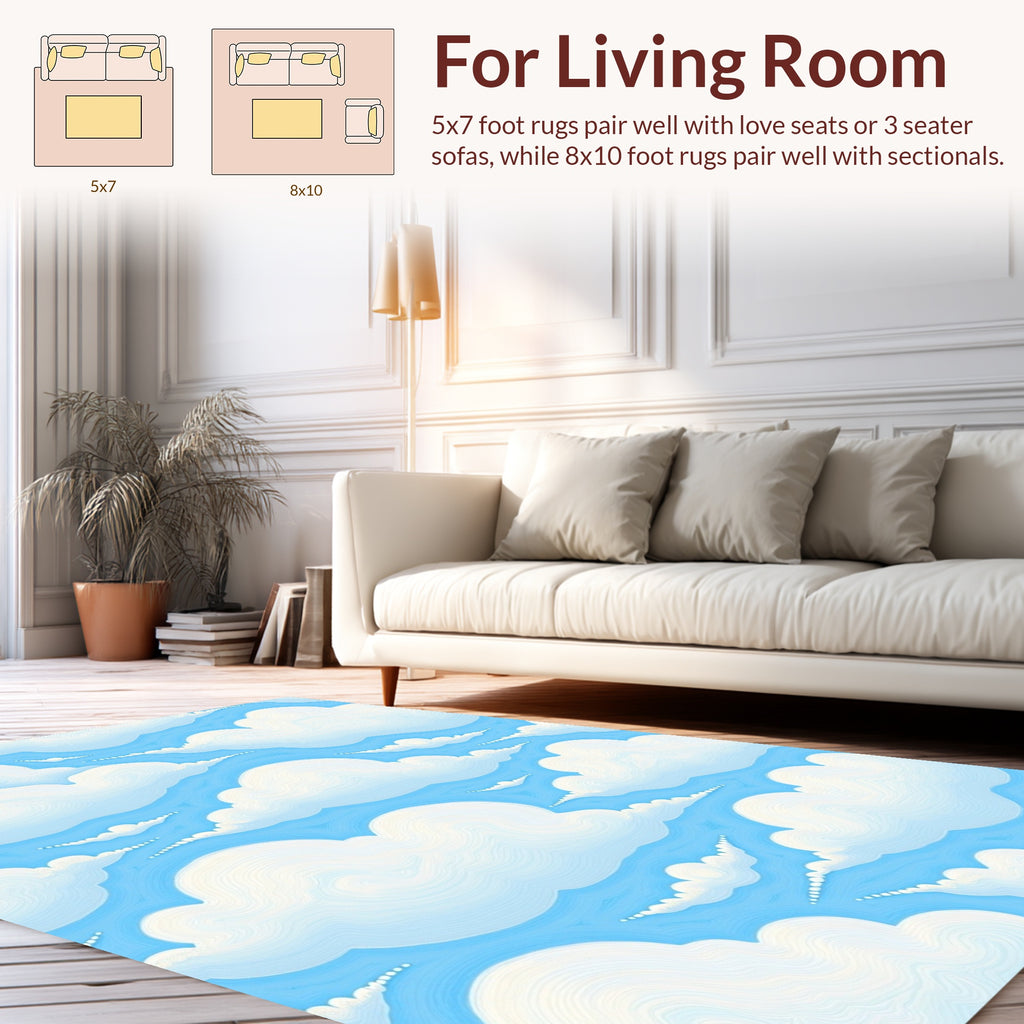 Sky Blue White Cloudscape Print Rug