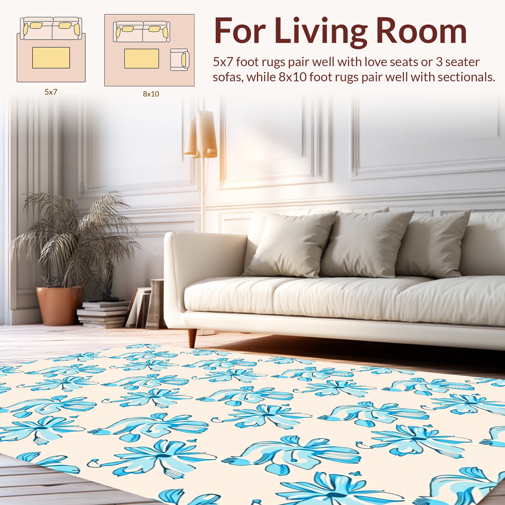 Coastal Blue Floral Sketch Pattern Rug