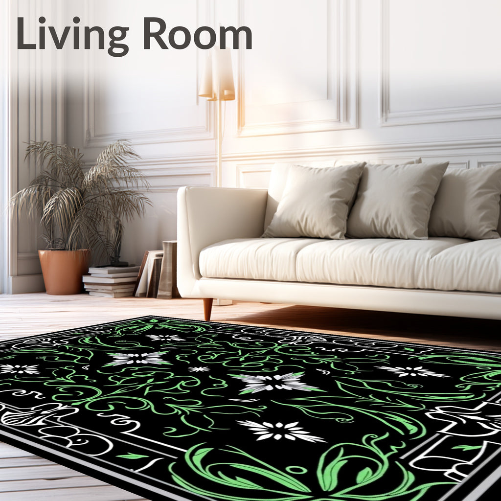 Black Mint Green Floral Mandala Rug