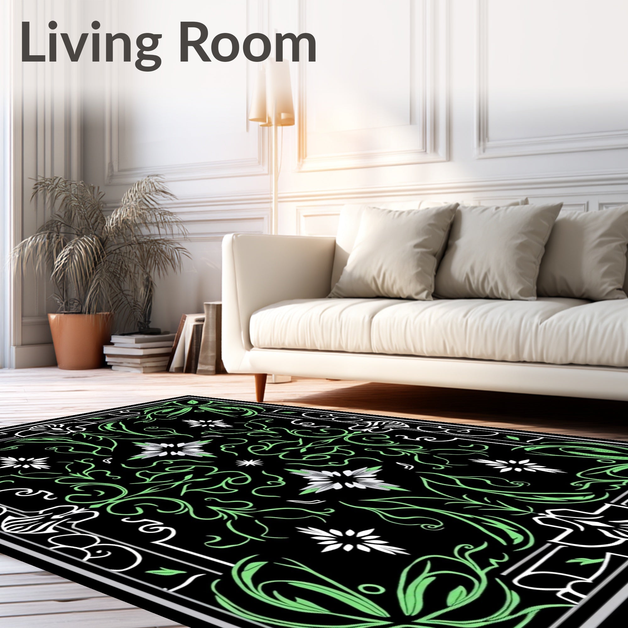 Black Mint Green Floral Mandala Rug