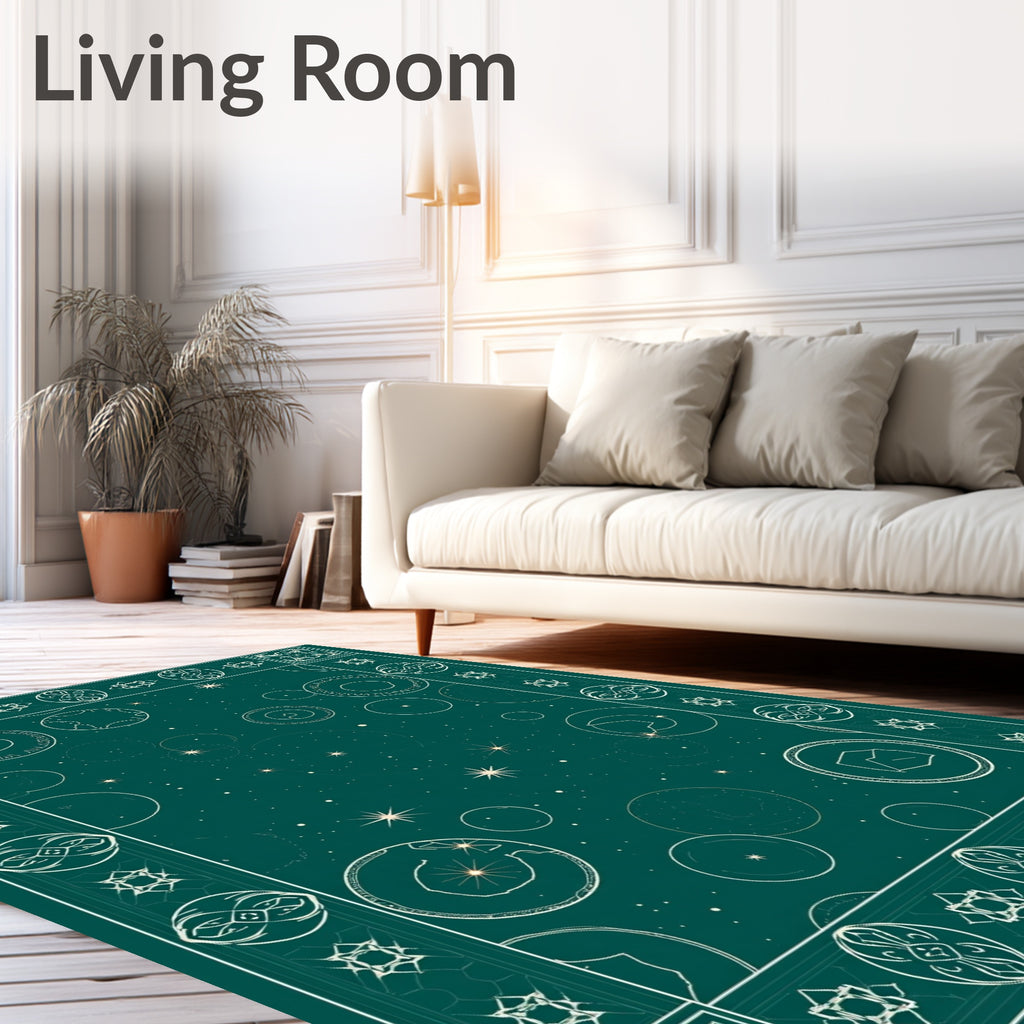 Celestial Teal Starry Orbs Border Rug