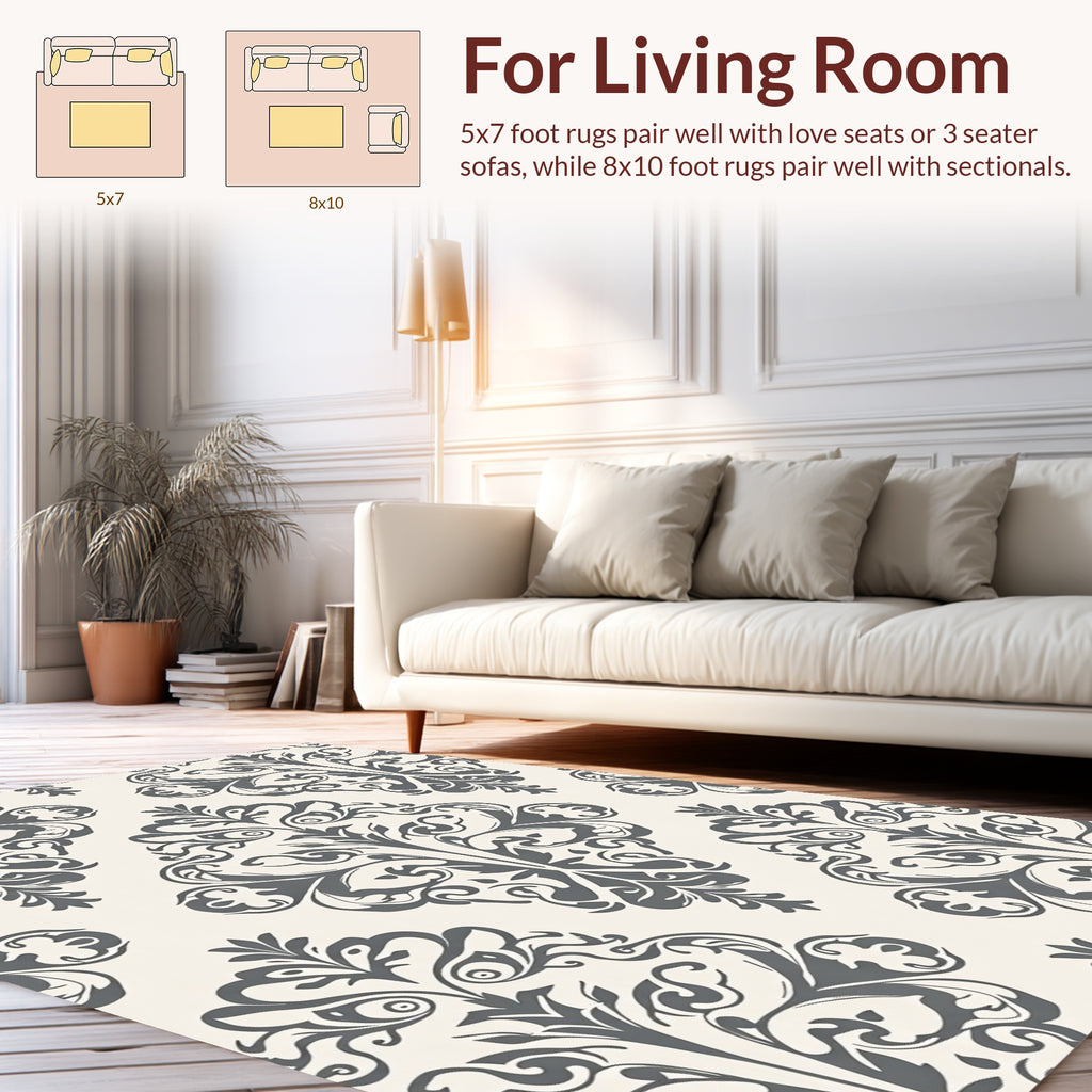 Classic Grey Damask Floral Pattern Rug