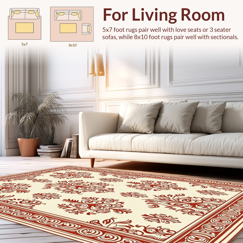 Classic Red Cream Damask Pattern Rug