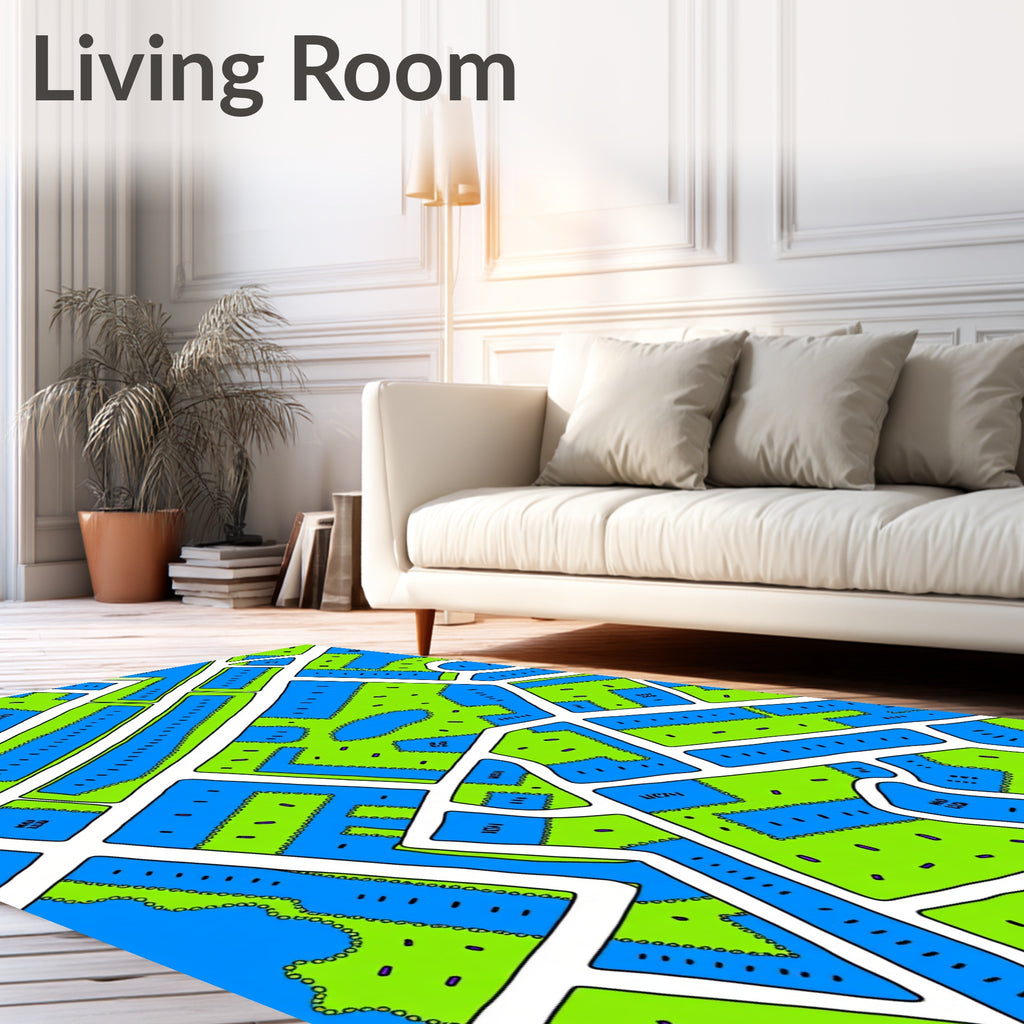 Bright Blue Lime Green City Blocks Rug