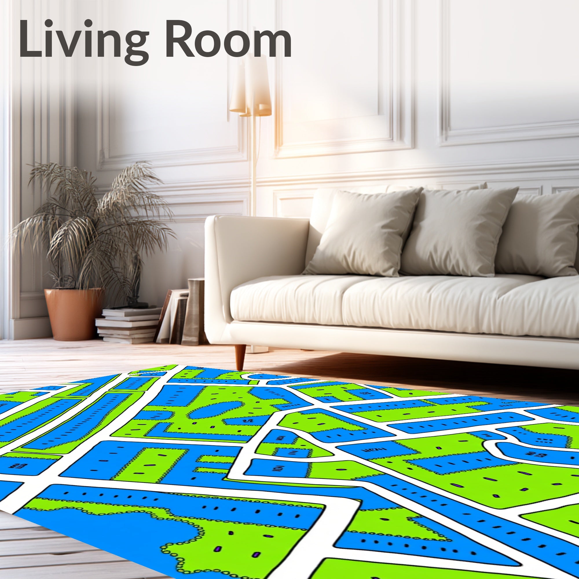 Bright Blue Lime Green City Blocks Rug