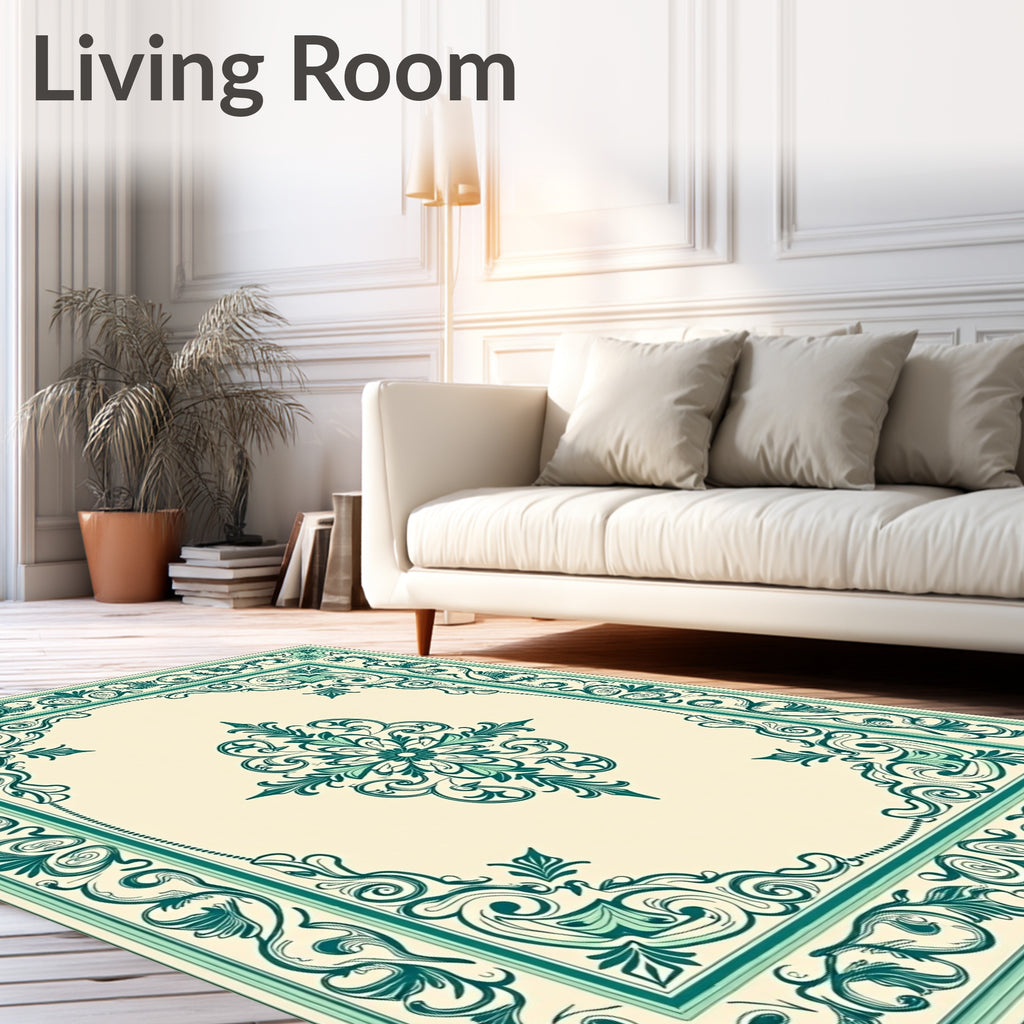 Elegant Teal Ivory Floral Scroll Rug