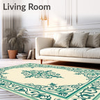 Elegant Teal Ivory Floral Scroll Rug