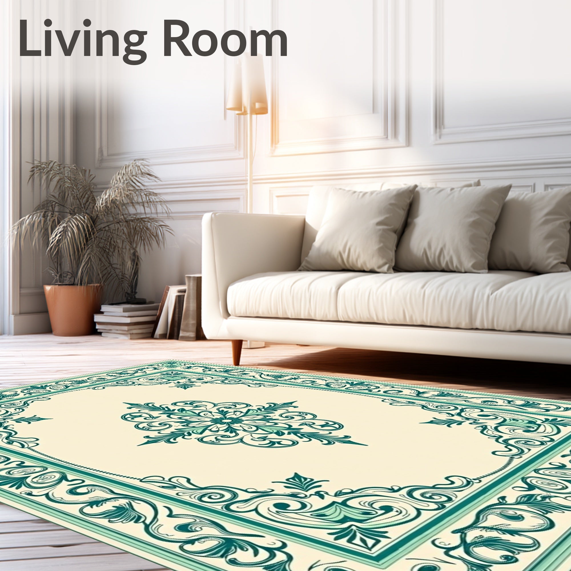Elegant Teal Ivory Floral Scroll Rug