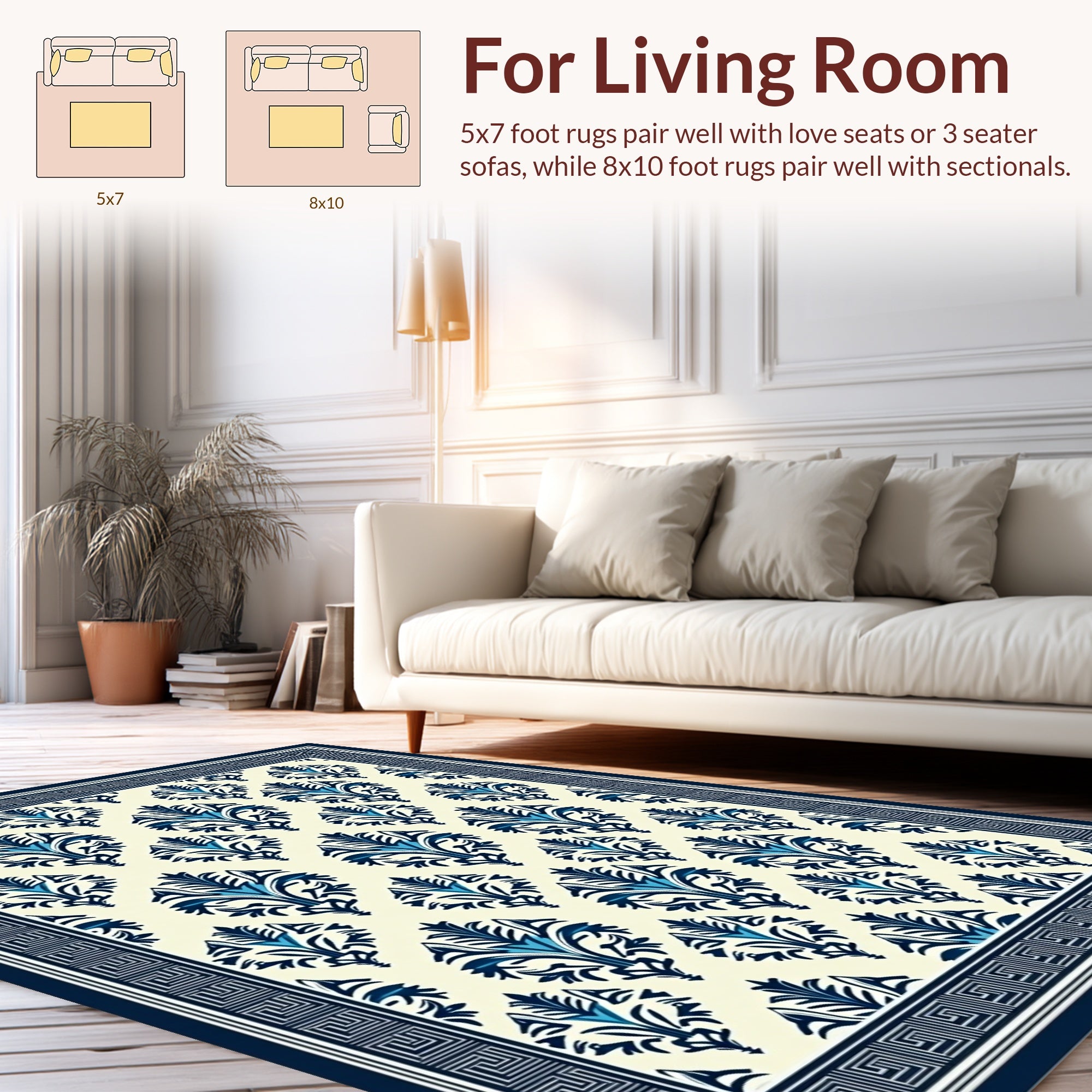 Classic Blue Ivory Damask Design Rug
