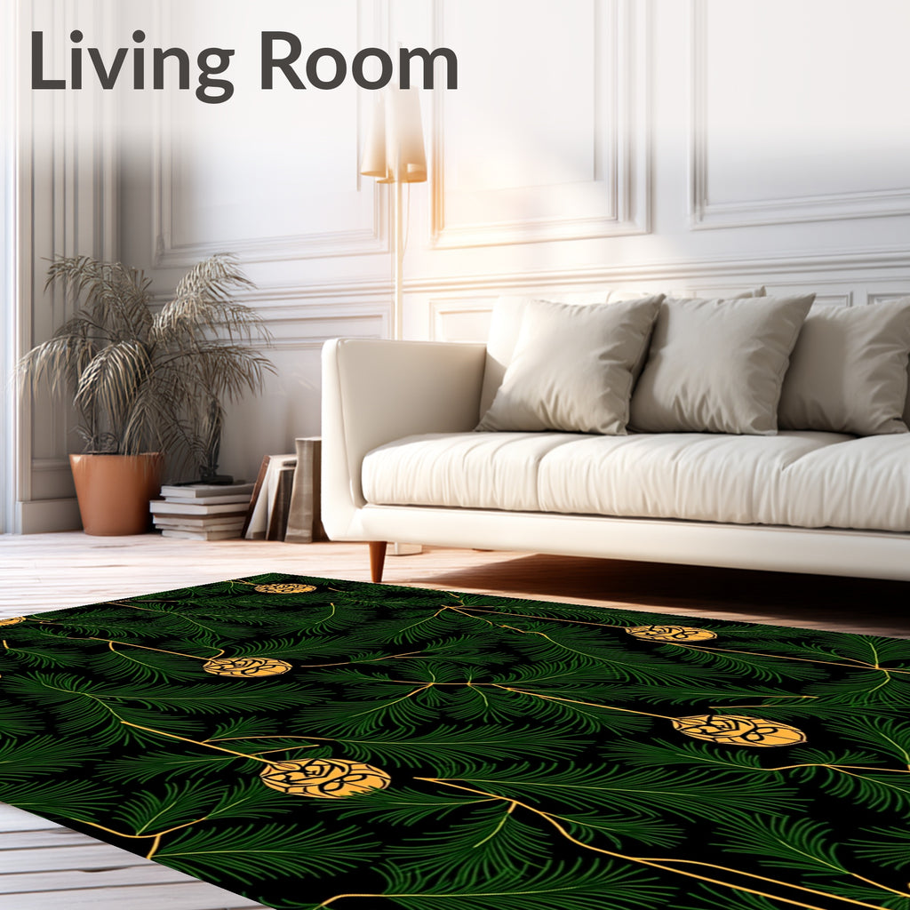 Golden Ornaments Emerald Pine Branches Rug