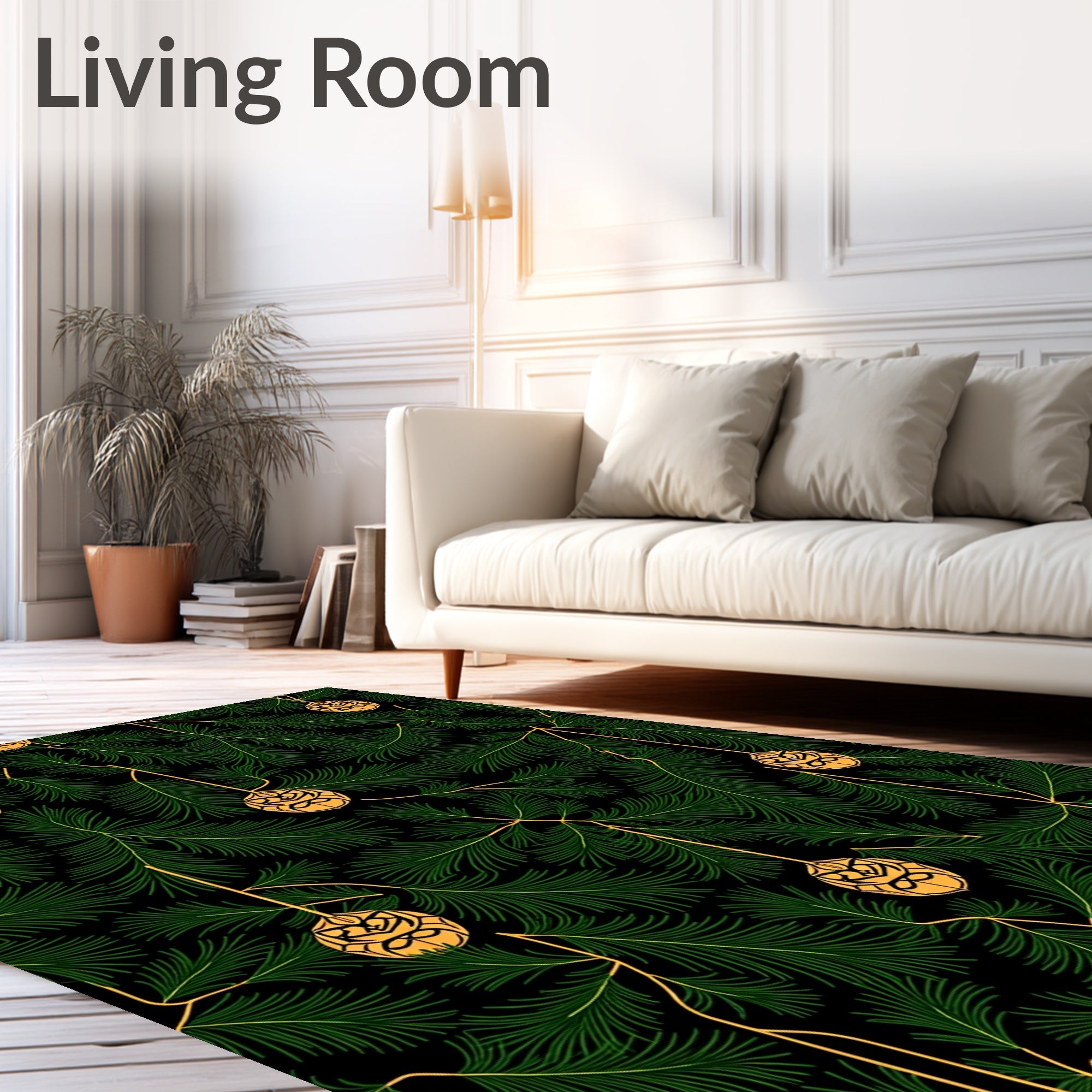 Golden Ornaments Emerald Pine Branches Rug