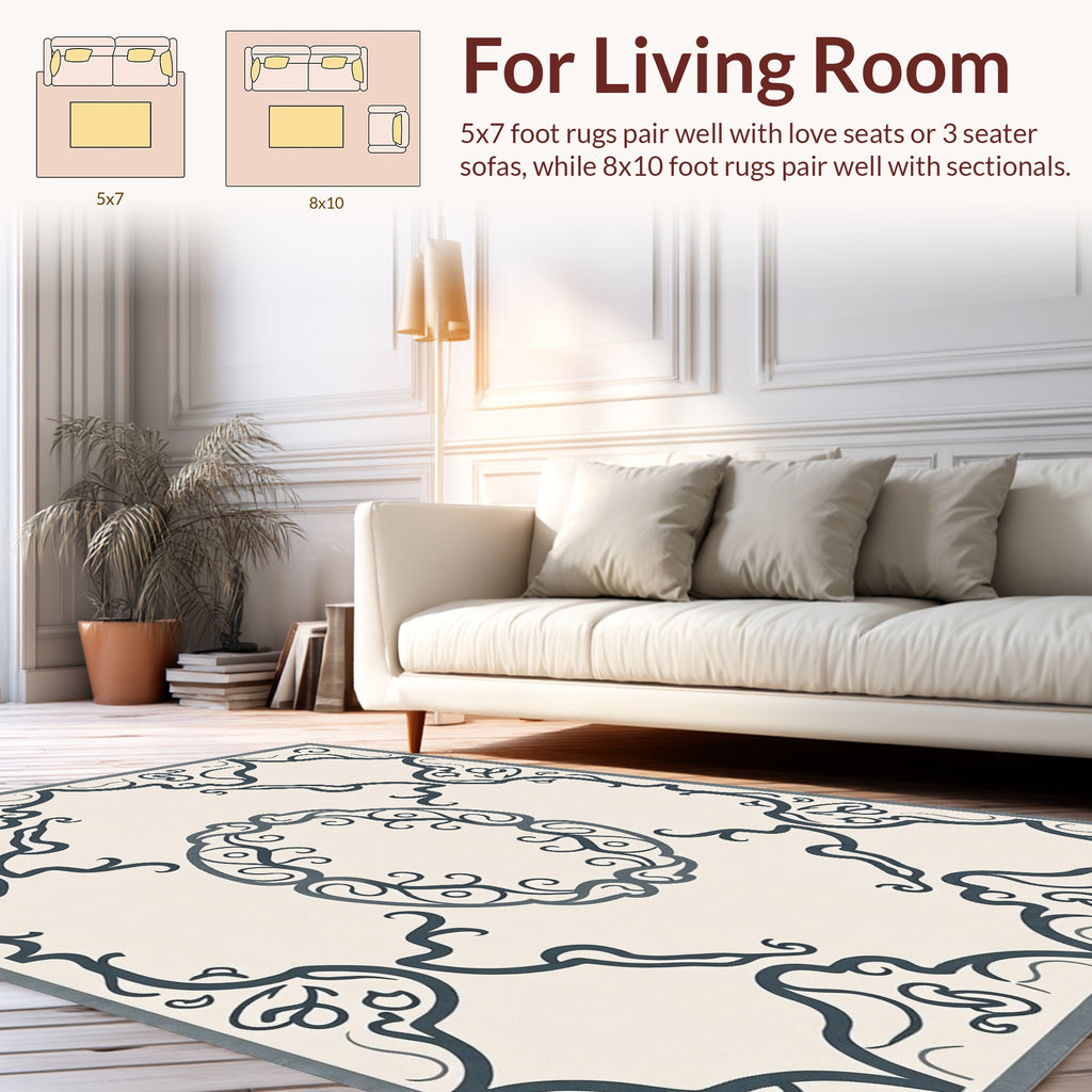 Ornate Scrollwork Cream Charcoal Rug